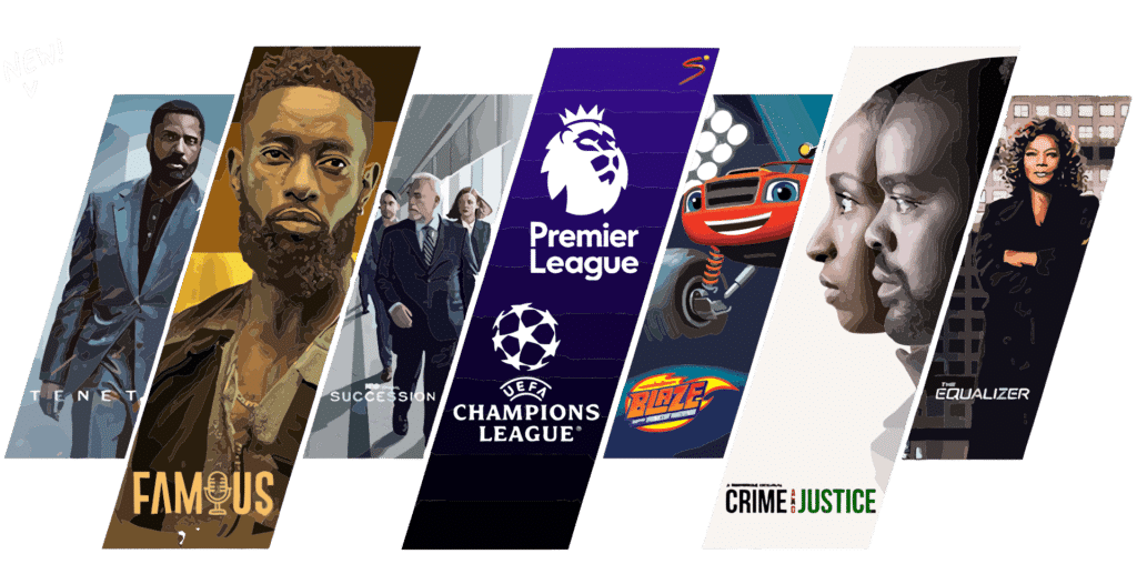 The image features various TV shows and events, including movies like Tenet, Famous, and Succession. It also displays logos for the Premier League, UEFA Champions League, and shows like Blaze and The Equalizer. It highlights a diverse range of entertainment content available via IPTV services.