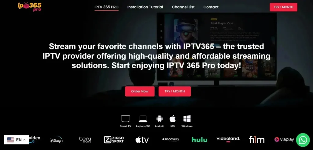 The IPTV 365 Pro landing page is designed to appeal to users looking for high-quality, multi-device IPTV streaming. The dark background with red accents creates a modern and premium feel, while the clear CTA buttons, device compatibility icons, and streaming service logos add credibility and make navigation easy.