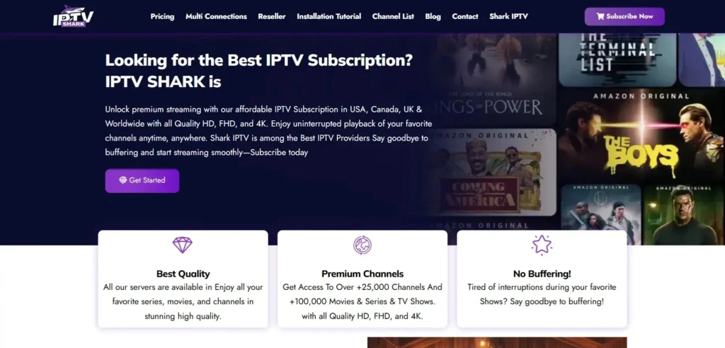 This promotional banner for IPTV Shark is designed to attract potential subscribers by emphasizing high-quality streaming, a vast content library, and a buffer-free experience. The use of purple accents, bold headings, and a call-to-action button makes the layout user-friendly and visually appealing.