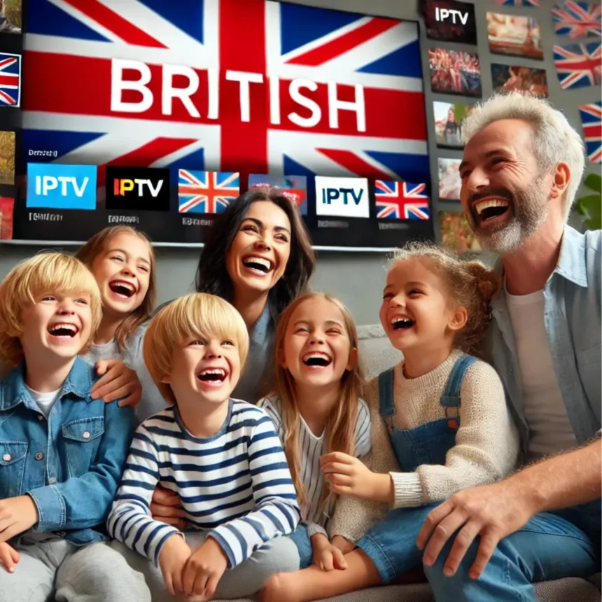 "A joyful family of six, including adults and children, gathered in a cozy living room, laughing and enjoying time together. In the background, a large television screen displays a British iptv flag with the word 'BRITISH' in bold letters, surrounded by streaming content thumbnails, representing British IPTV entertainment.